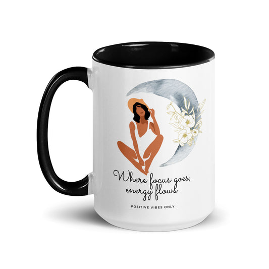 Black inside ceramic mug with white "Positive Vibes" Text, 15 oz inspirational gift for women