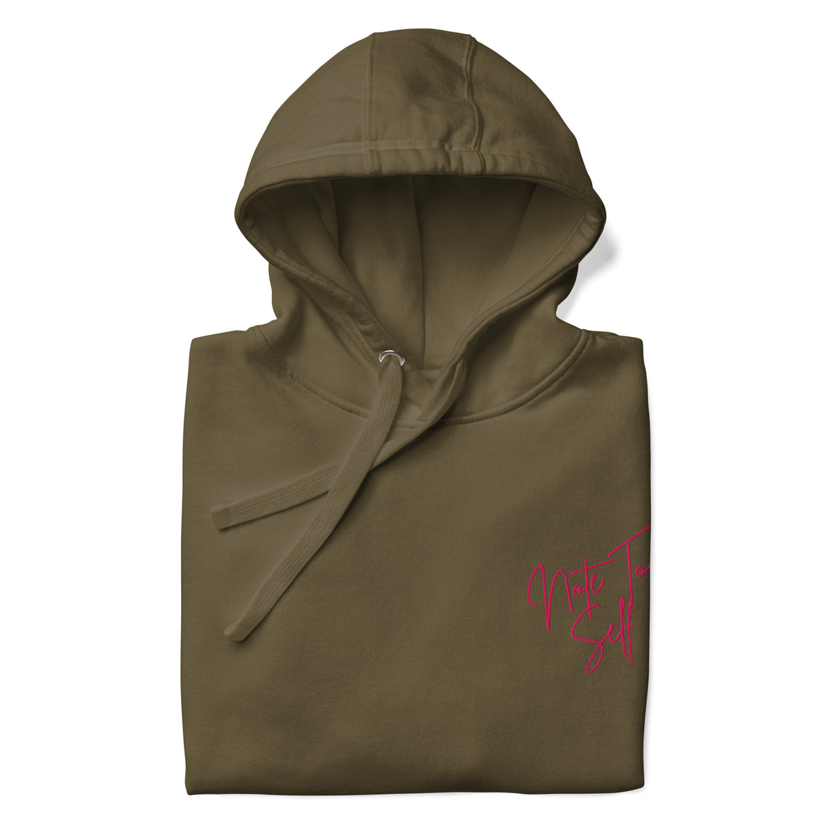 Embroidered Note to Self hoodie, inspirational clothing in loive green with pink writing zoomed in