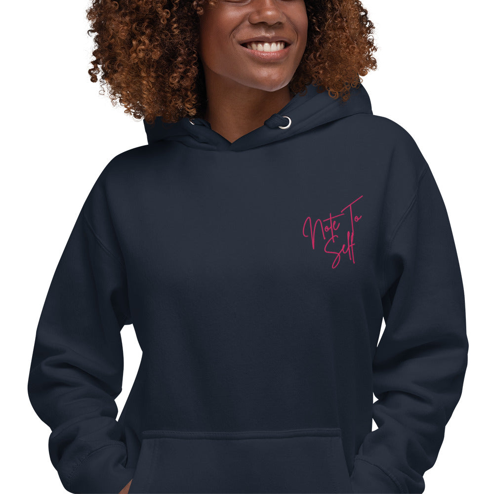Embroidered Note to Self hoodie, inspirational clothing in black with pink writing zoomed in