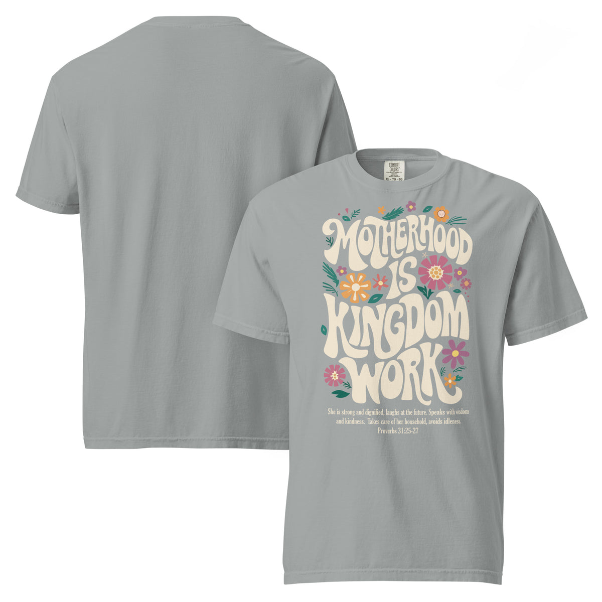 Mama floral Christian t-shirt for moms, shown with matching Kingdom Kids tee