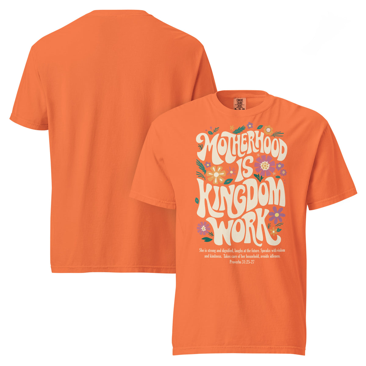 Mama floral Christian t-shirt for moms, shown with matching Kingdom Kids tee