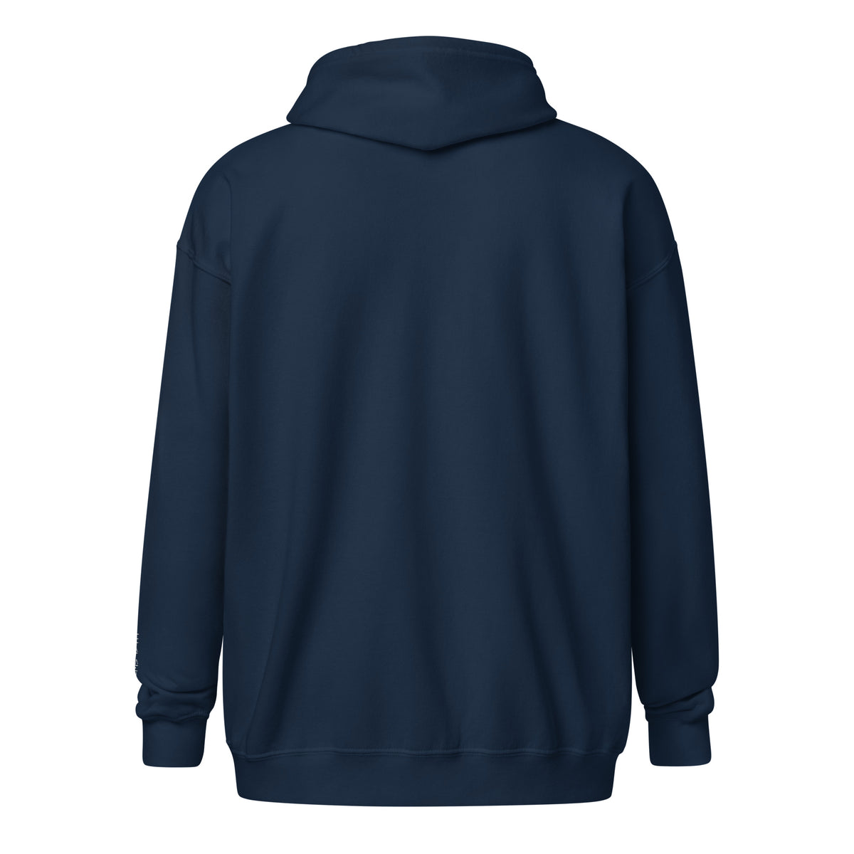 Vibe embroidered Christian zip-up hoodie in navy with white embroidery and Psalm 139:14 on sleeve back