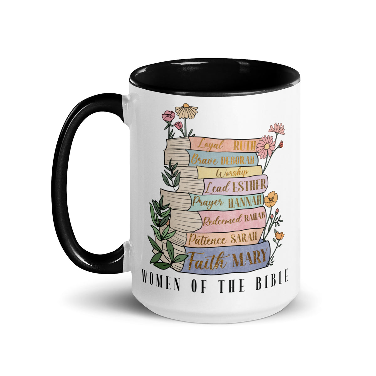 Faith-inspired Christian mug for women with biblical names in elegant black font