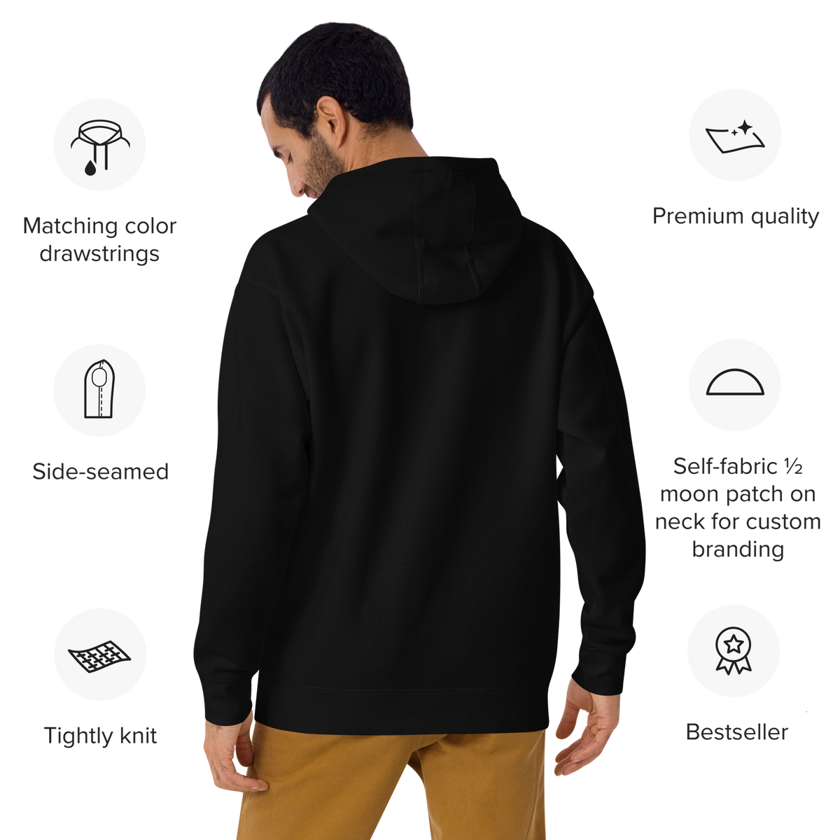 All black unisex cotton hoodie with embroidered text All Black in white thread, everything in red, green and yellow, back view on a white background. 