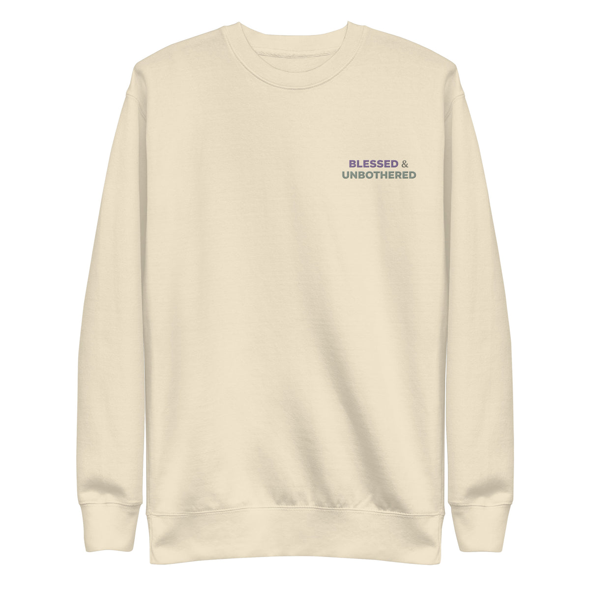 Blessed and Unbothered embroidered crewneck sweatshirt purple and sage minimal left chest design