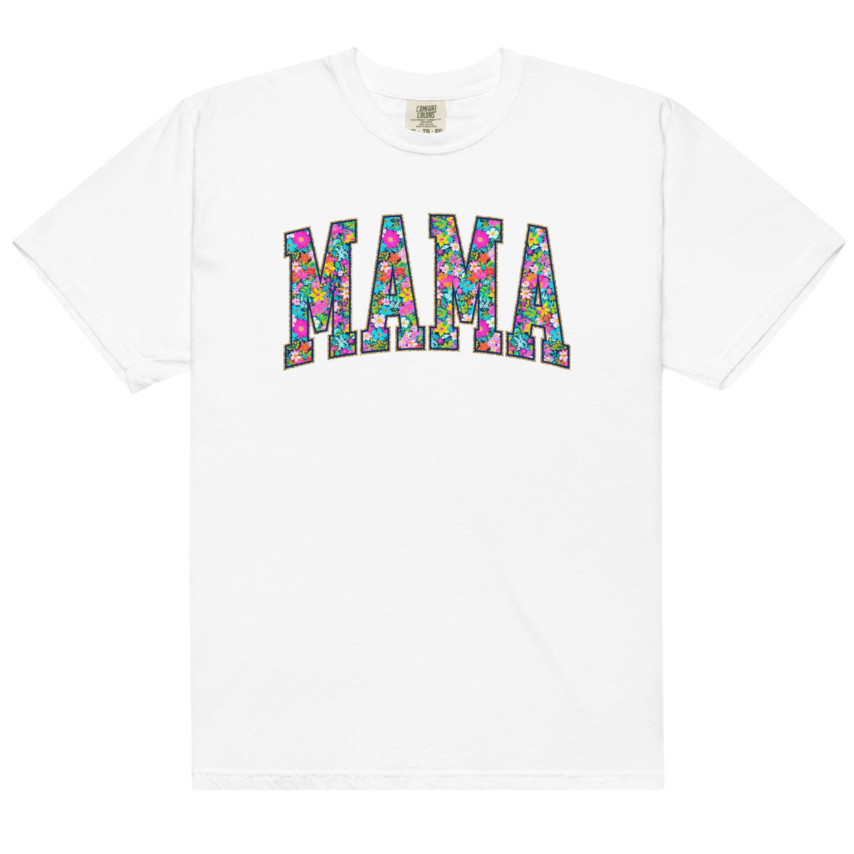Teal t-shirt with bold floral MAMA lettering across the front, part of the matching Mommy and Me collection.