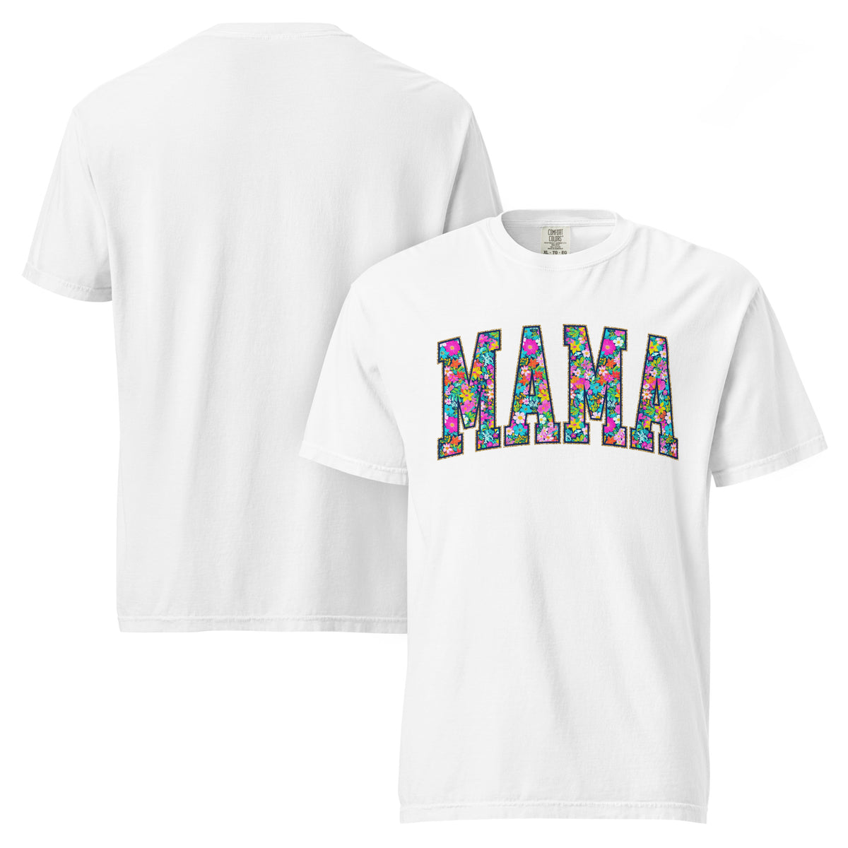 Teal t-shirt with bold floral MAMA lettering across the front, part of the matching Mommy and Me collection.