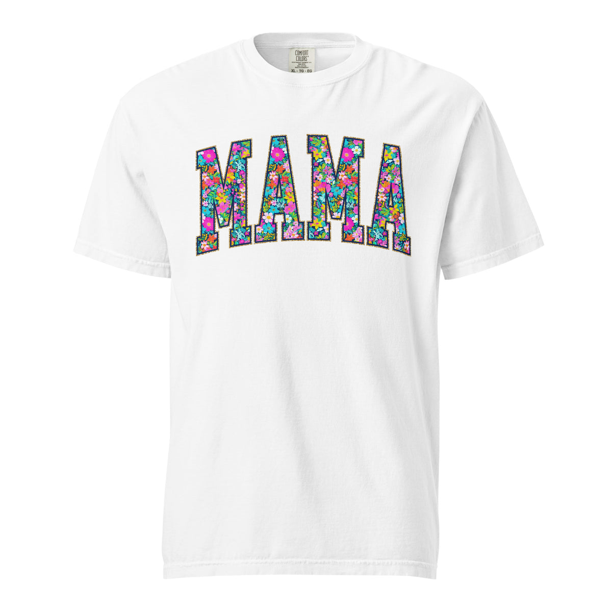 Teal t-shirt with bold floral MAMA lettering across the front, part of the matching Mommy and Me collection.