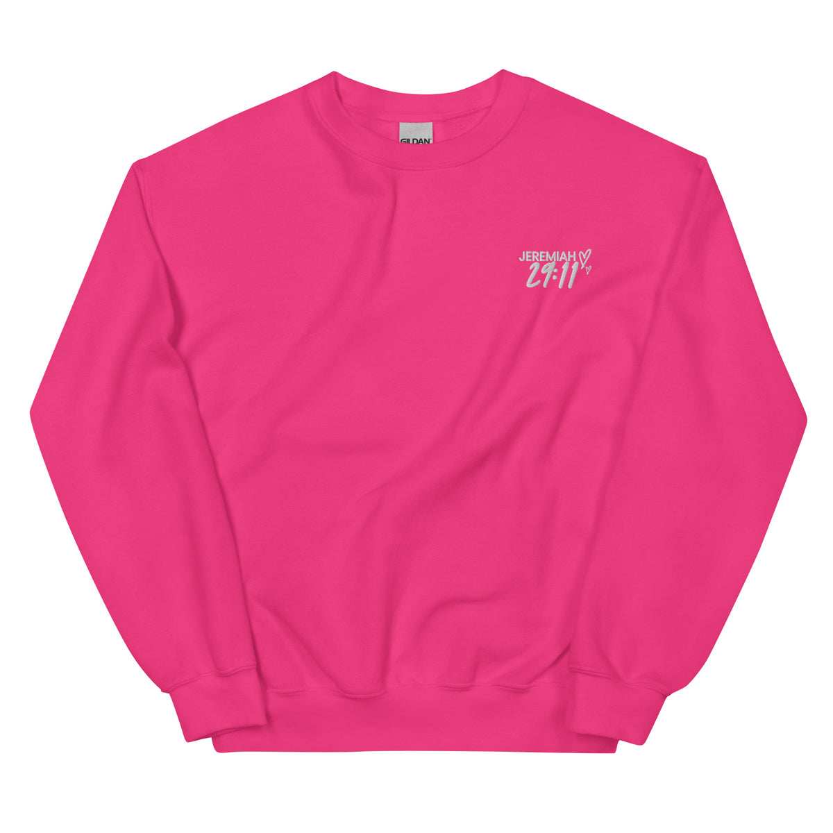 pink sweater on white background with embroidered left corner text that reads Jeremiah 29:11