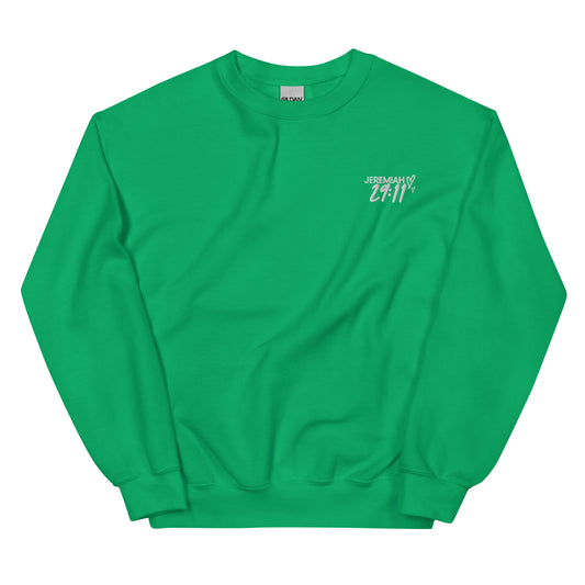 A green unisex adult sweatshirt with 'embroidered Jeremiah 29:11' text on the front.