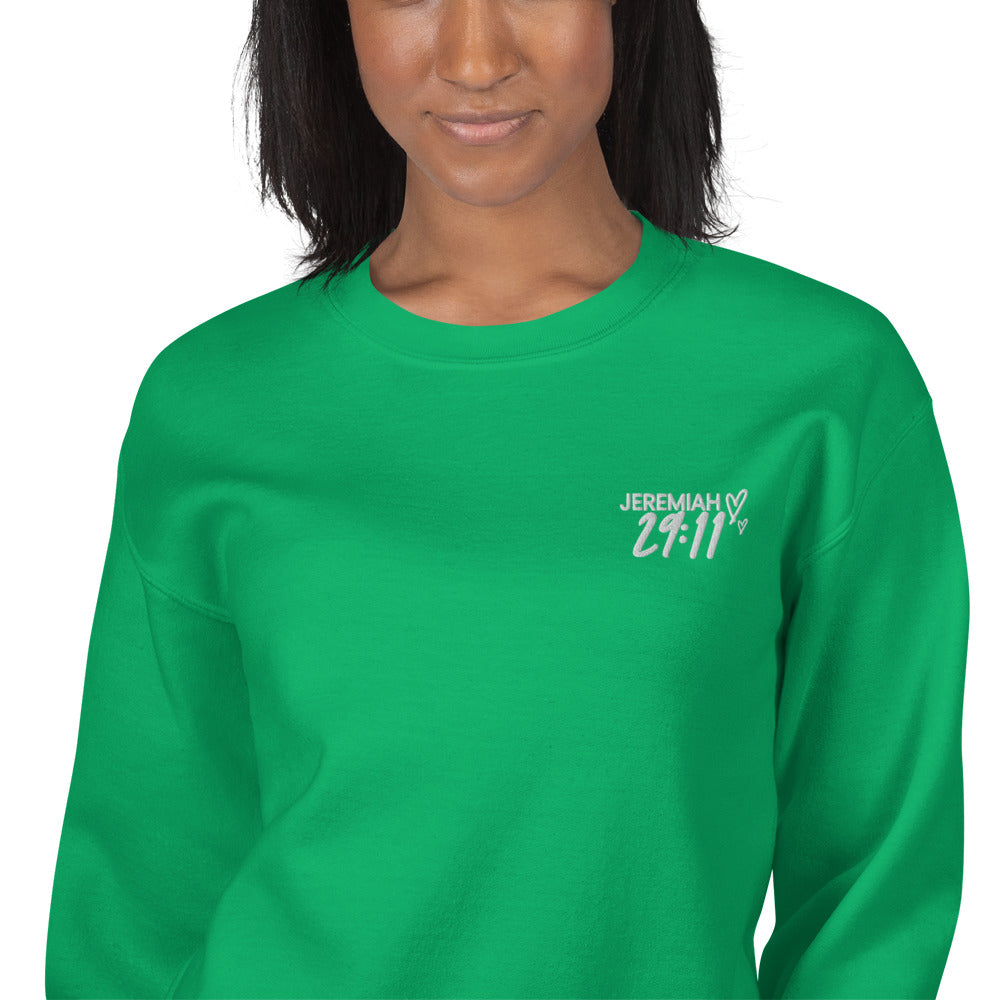 jeremiah 29:11 crewneck sweatshirt zooomed in on model 
