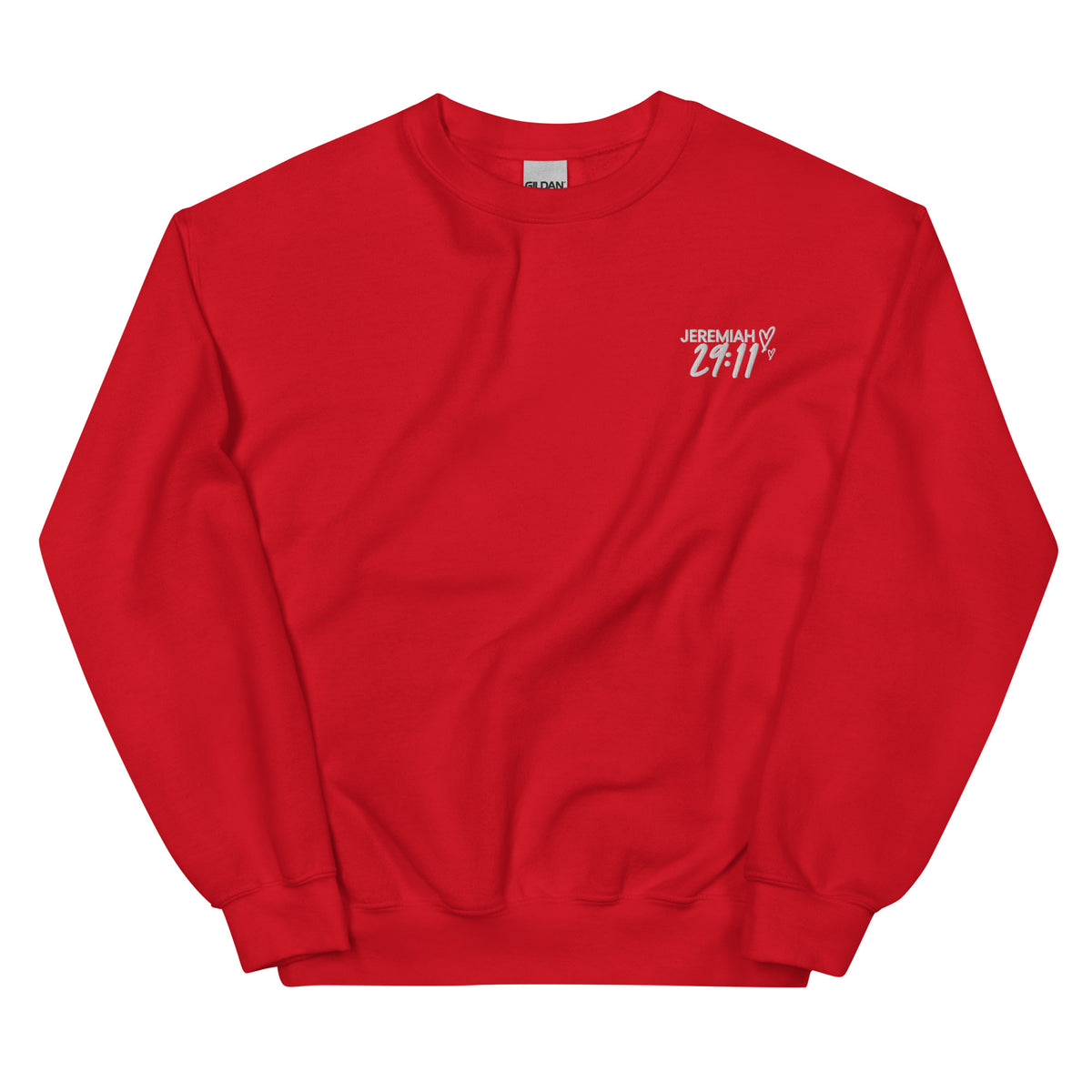 red crewneck sweater with left corner graphic with white text that reads Jermiah 29:11 on a white background 