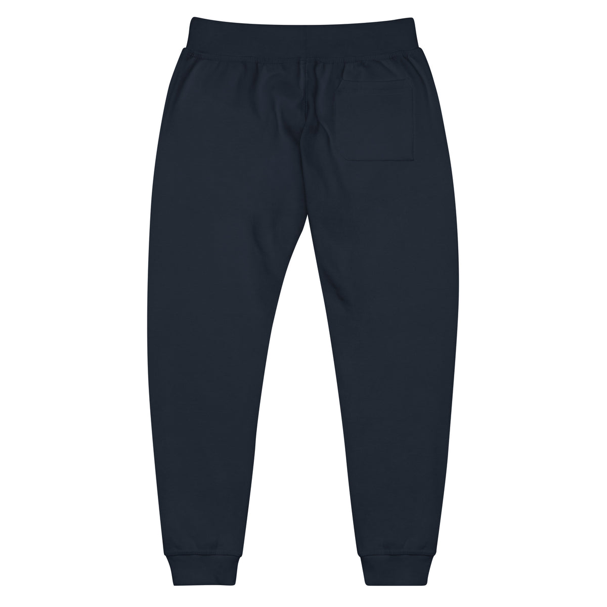 Back view of navy sweatpants with a back pocket on a white background