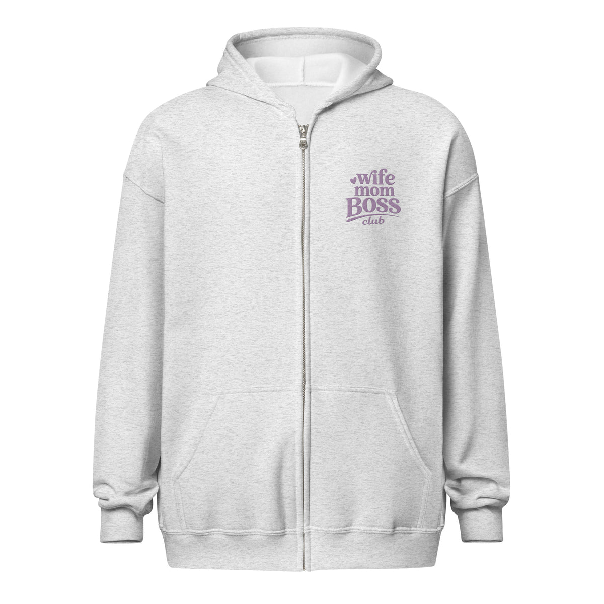 front view of grey zip up hoodie with 'Wife Mom Boss Club' embroidered  text in lavender on a white background