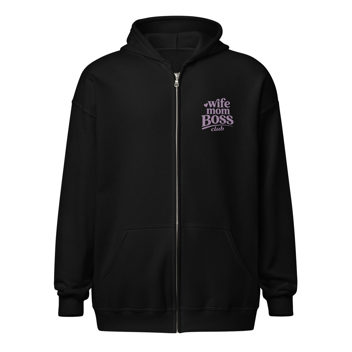 front view of black zip up hoodie with 'Wife Mom Boss Club' embroidered  text in lavender on a white background
