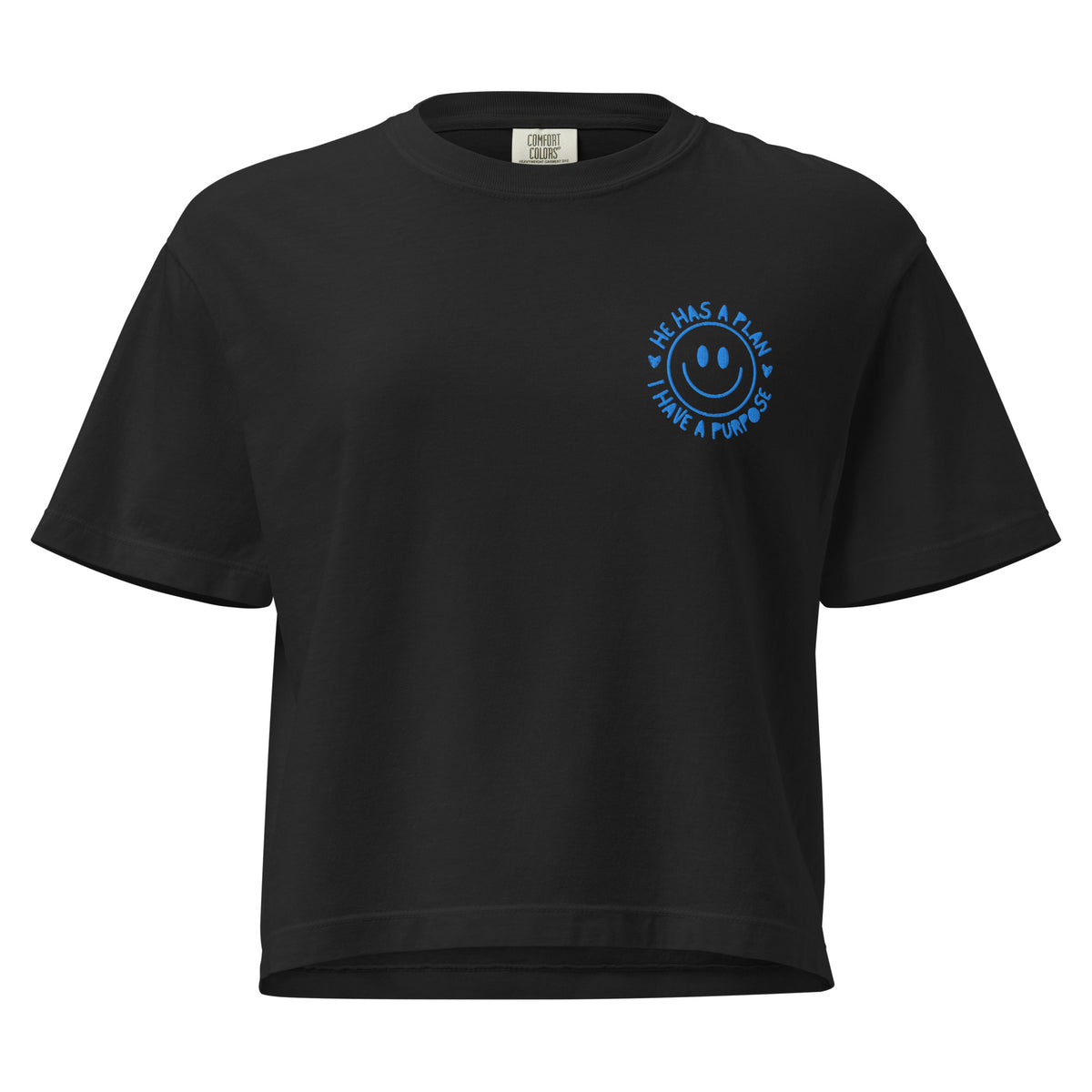 Black Women's boxy tee with embroidered graphic with a happy face and writing that says, he has a plan I have a purpose.